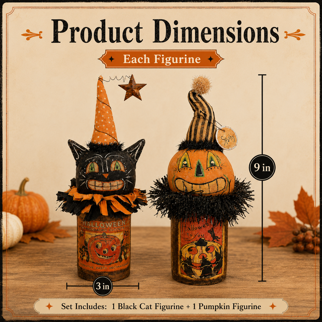 Vintage Halloween Black Cat & Pumpkin Figurines — Set of 2