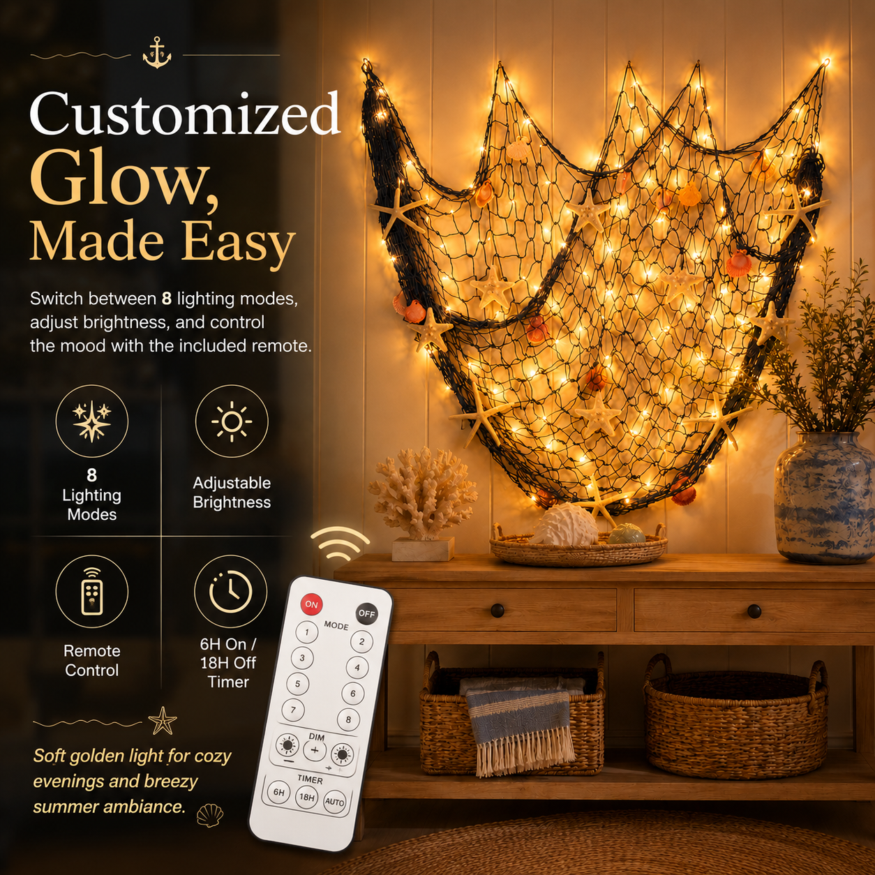 Lighted Coastal Fishing Net Wall Decor