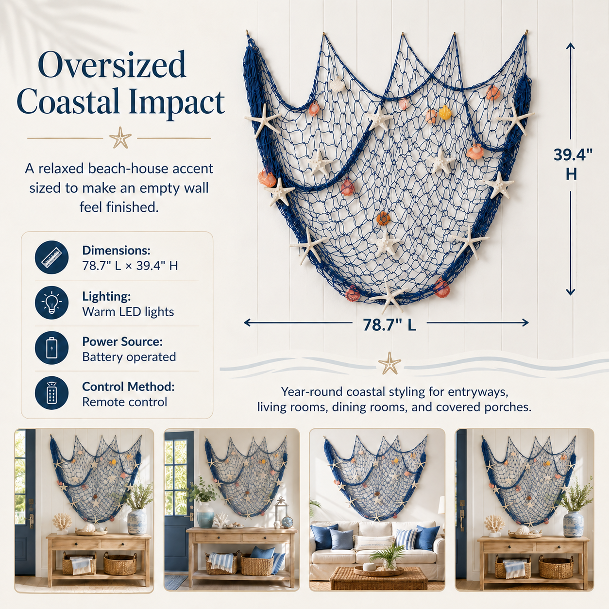Lighted Coastal Fishing Net Wall Decor