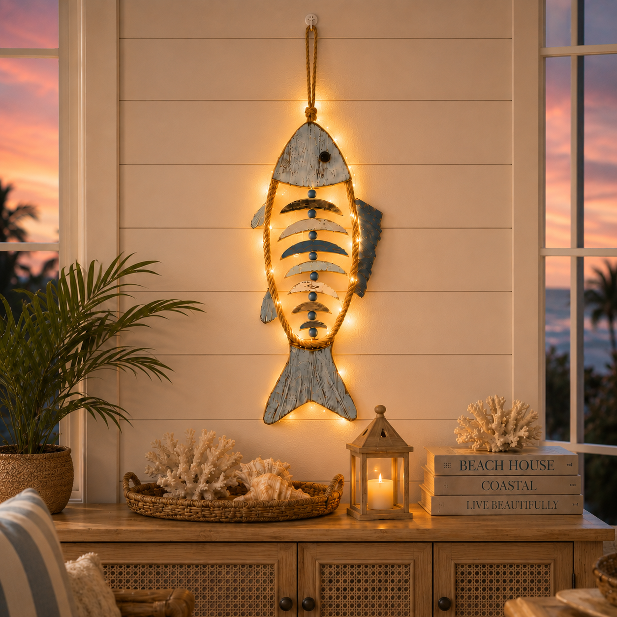 Lighted Coastal Rope Fish Wall Hanging
