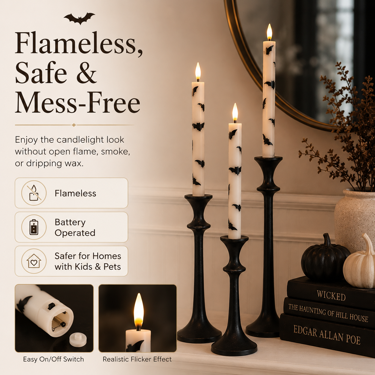 4 Pack Bat Flameless Taper Candles with Remote