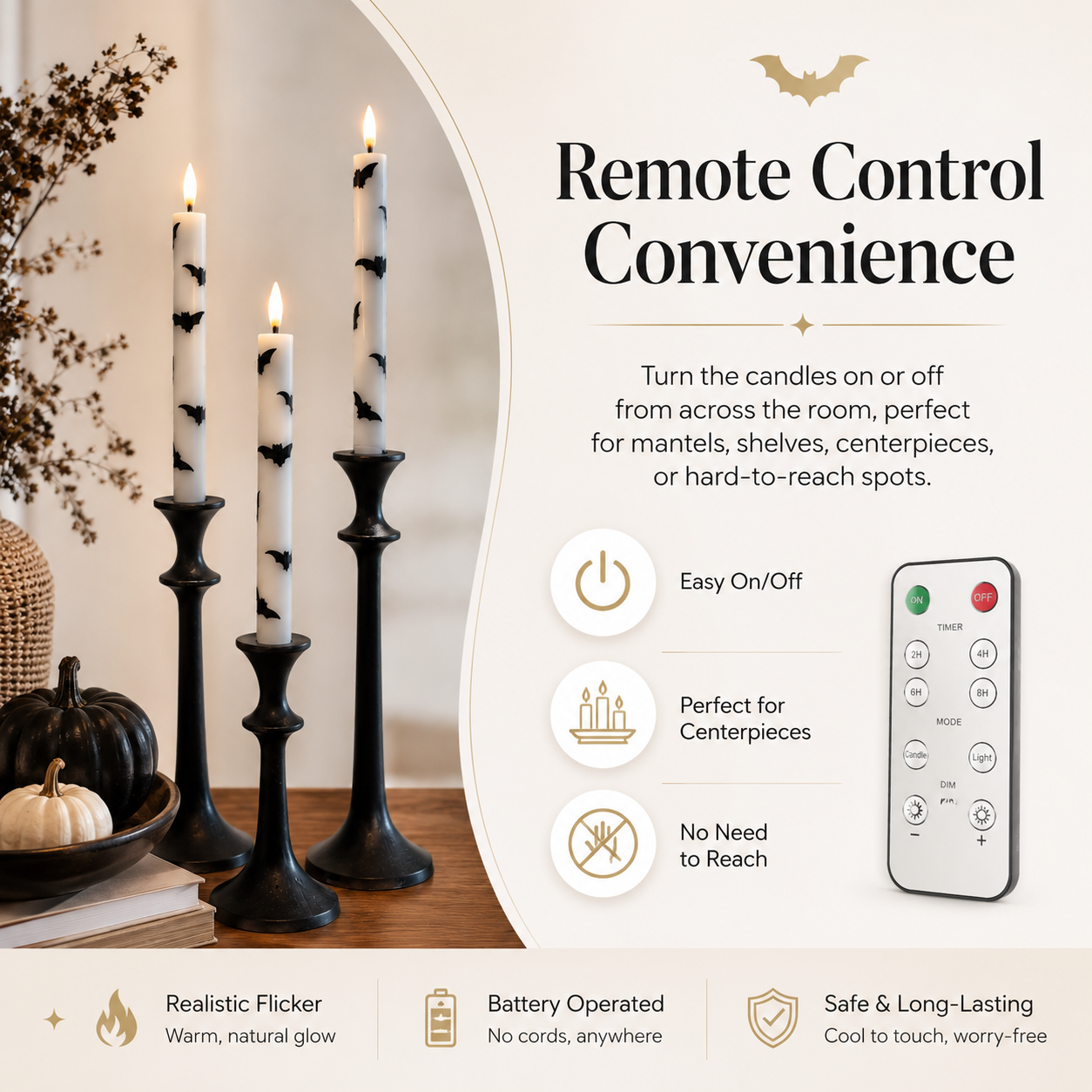 4 Pack Bat Flameless Taper Candles with Remote