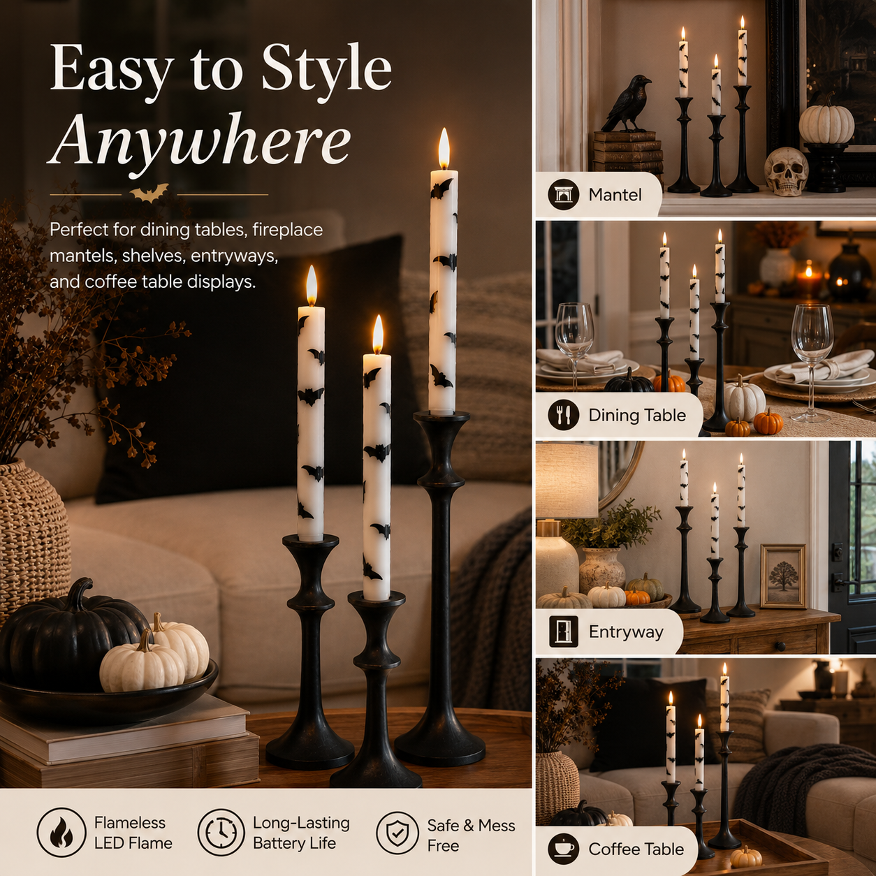 4 Pack Bat Flameless Taper Candles with Remote