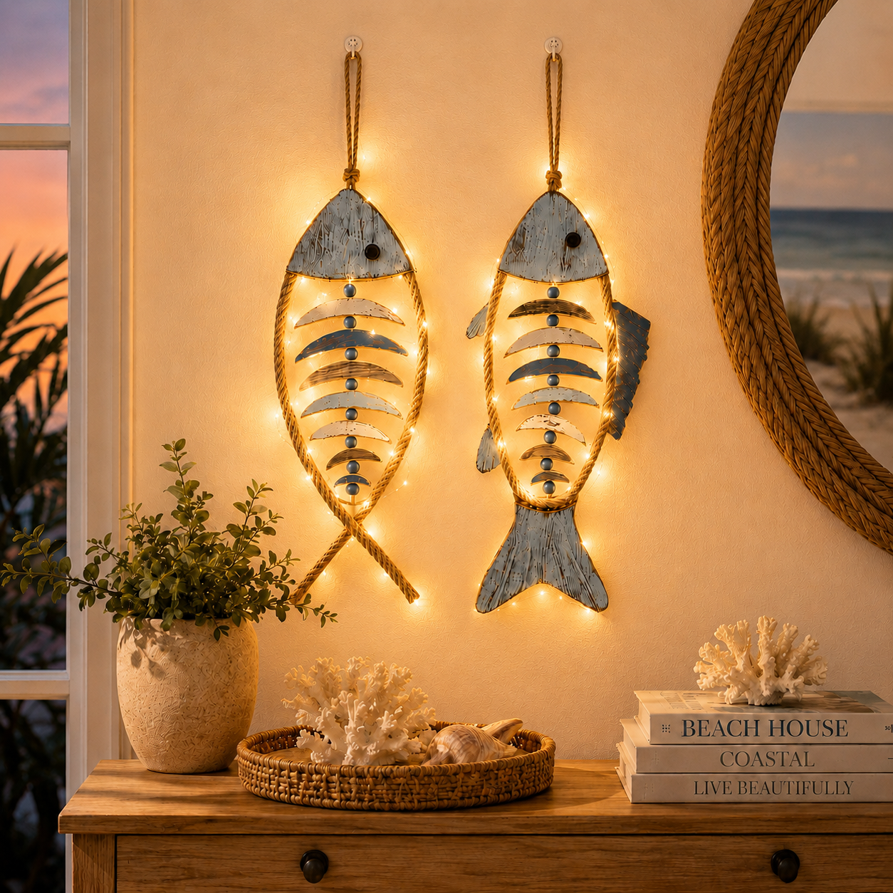 Lighted Coastal Rope Fish Wall Hanging