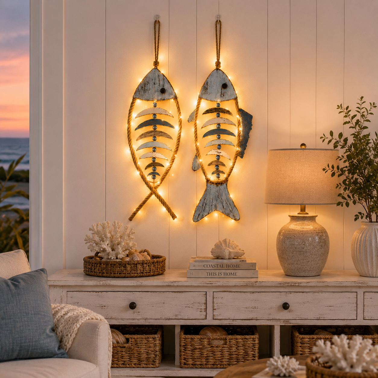 Lighted Coastal Rope Fish Wall Hanging