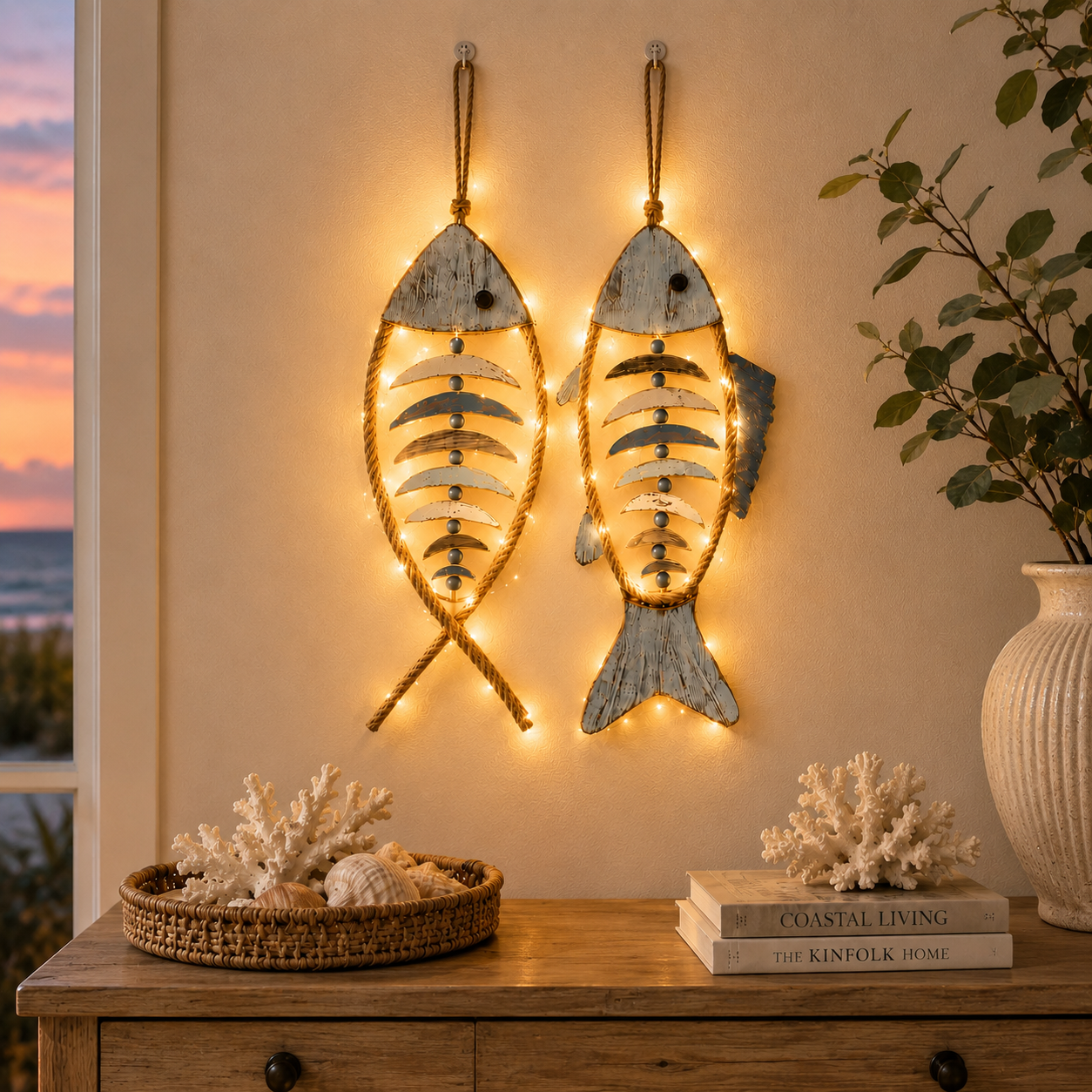 Lighted Coastal Rope Fish Wall Hanging