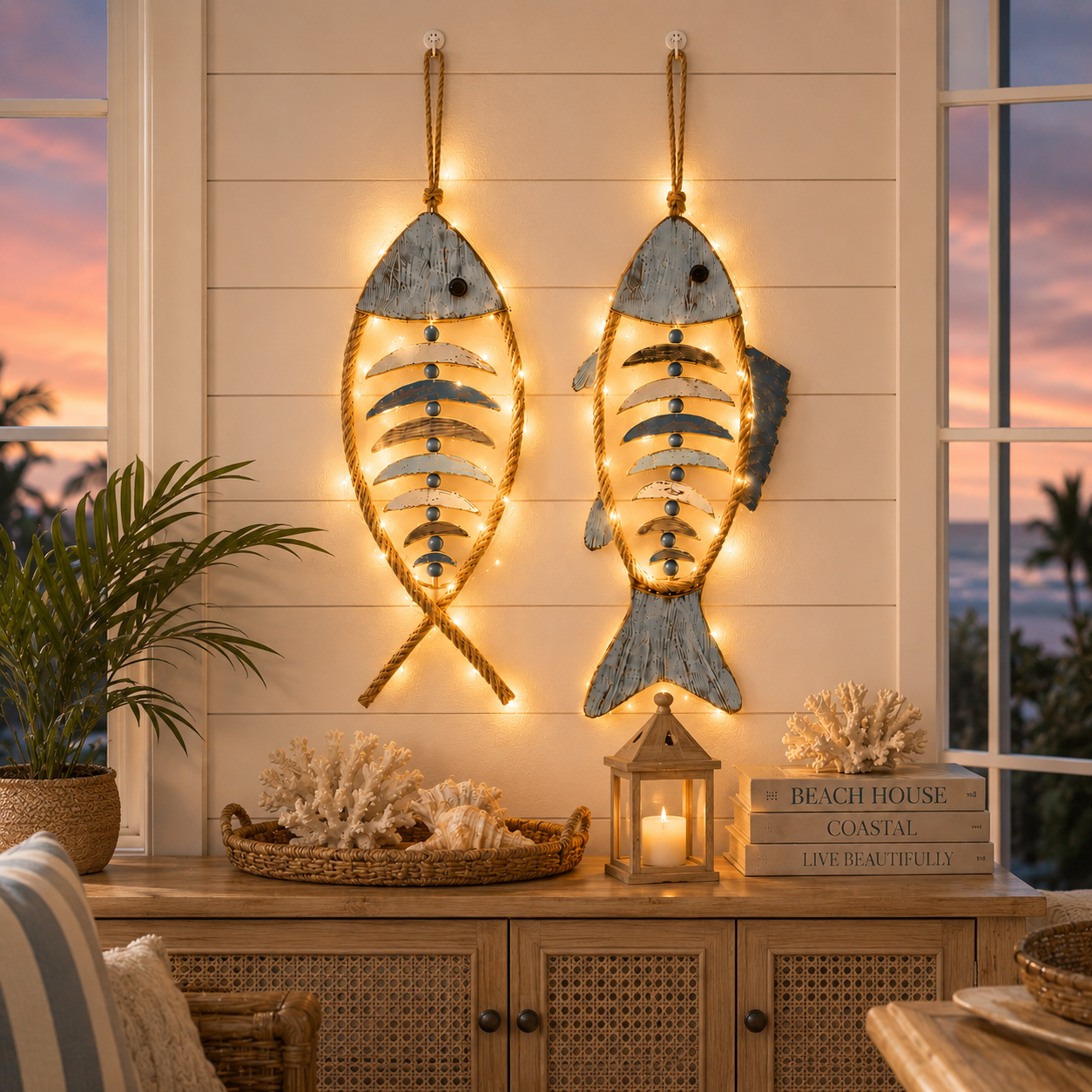 Lighted Coastal Rope Fish Wall Hanging