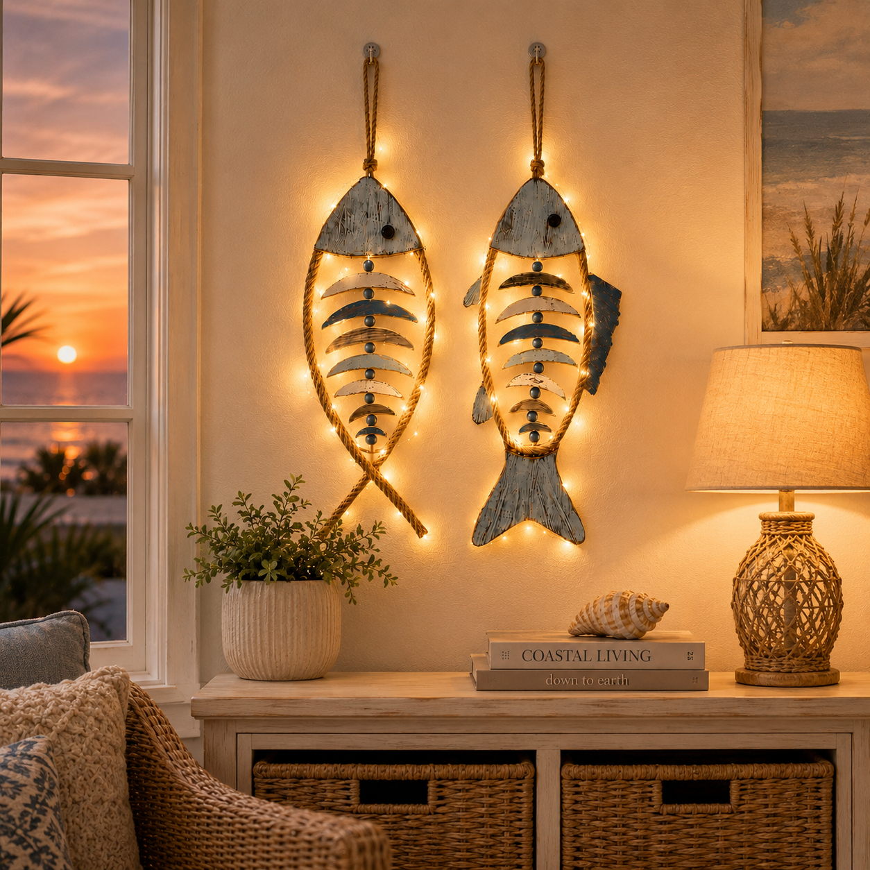 Lighted Coastal Rope Fish Wall Hanging