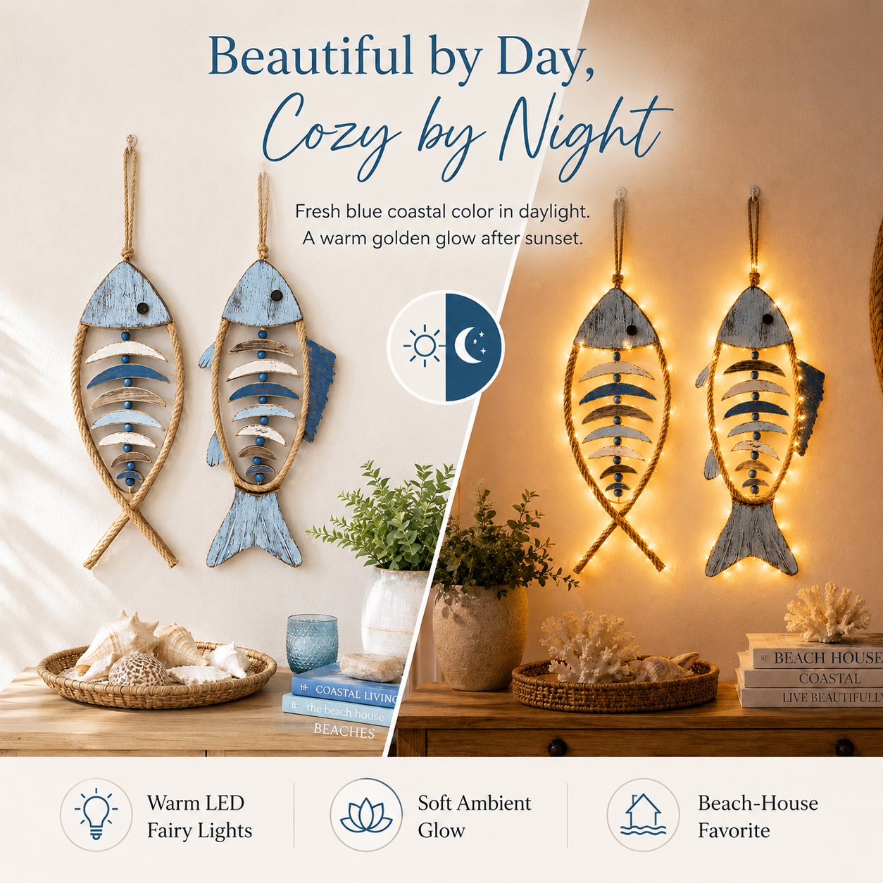 Lighted Coastal Rope Fish Wall Hanging
