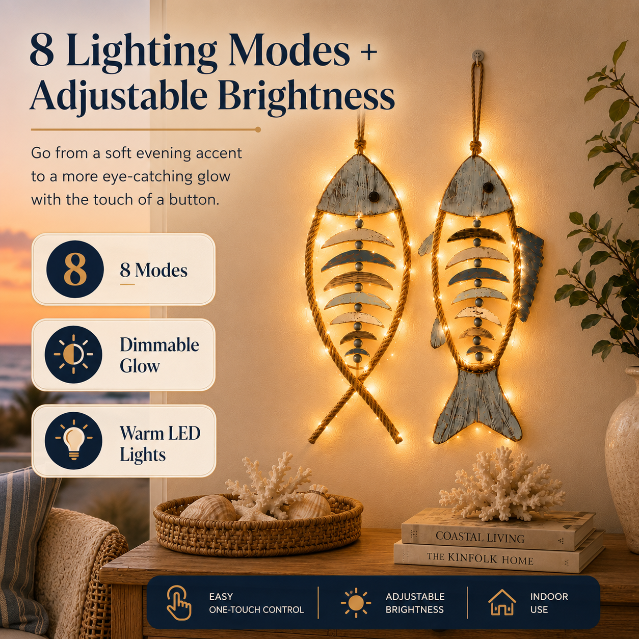 Lighted Coastal Rope Fish Wall Hanging