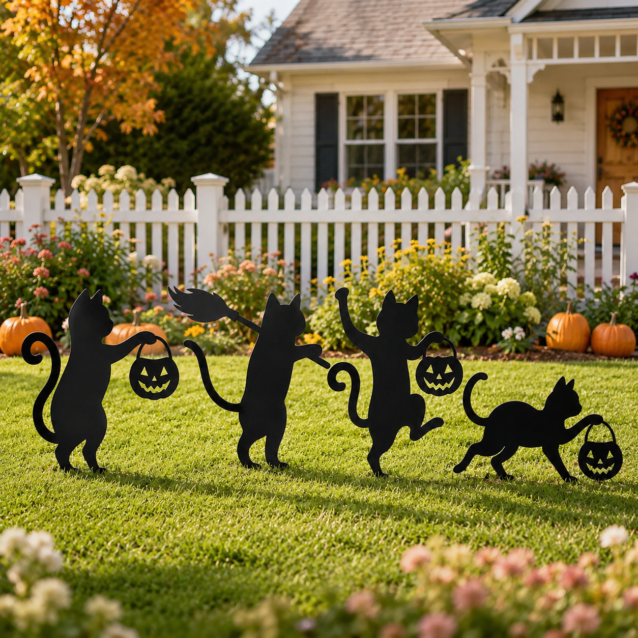 Playful Metal Black Cat Garden Stakes, Set of 4