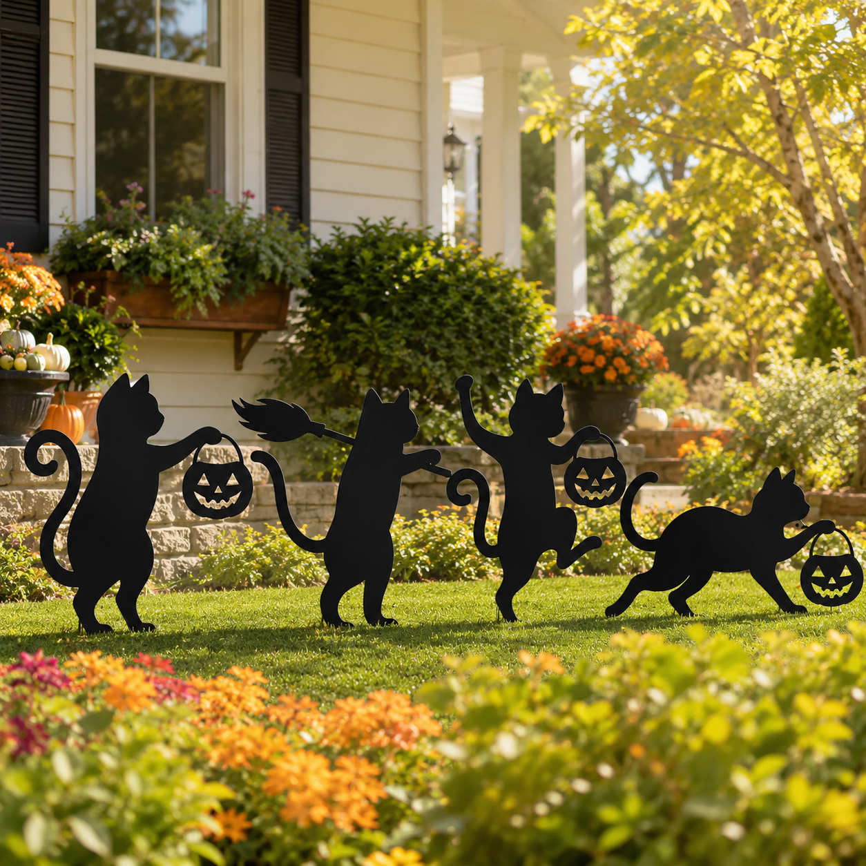 Playful Metal Black Cat Garden Stakes, Set of 4