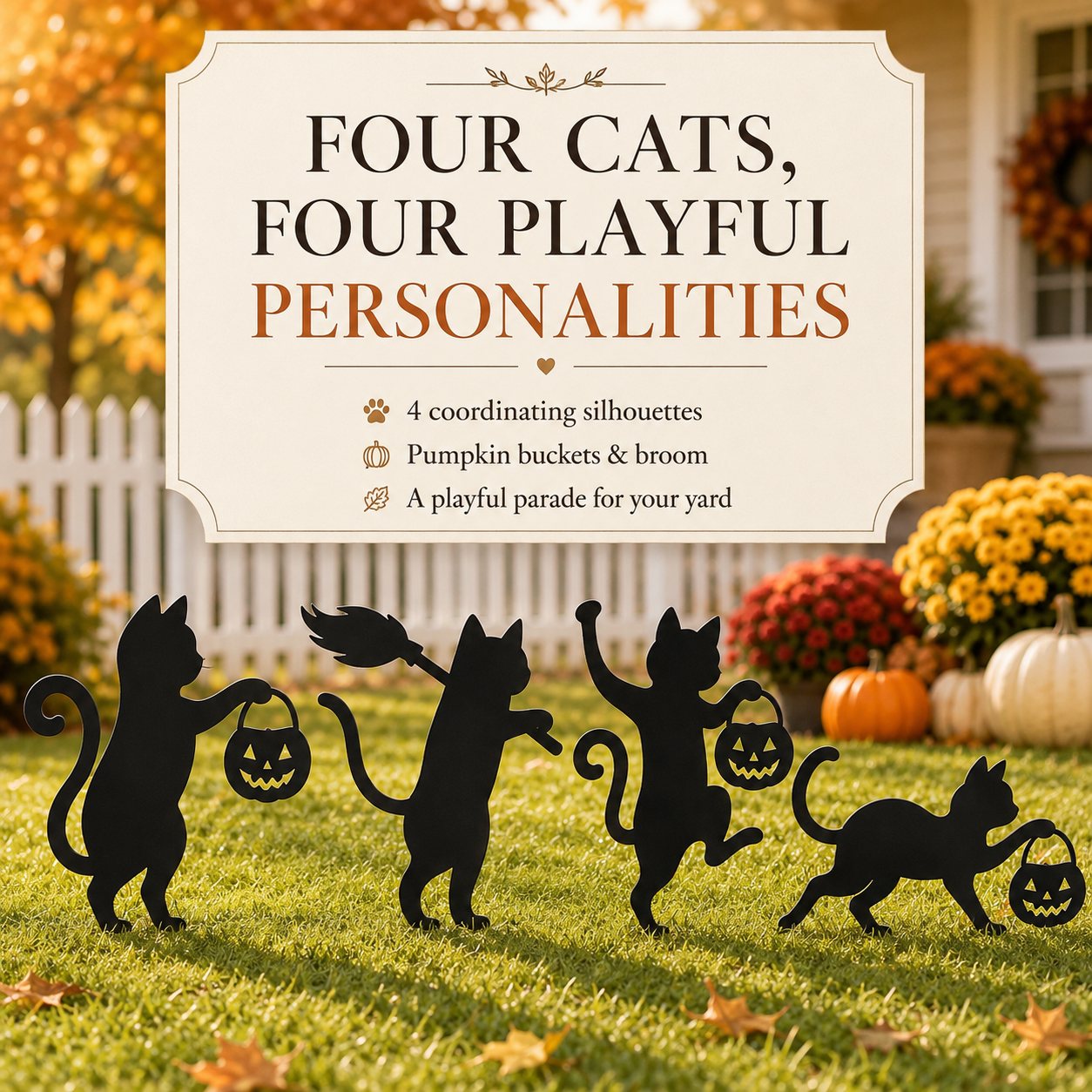 Playful Metal Black Cat Garden Stakes, Set of 4