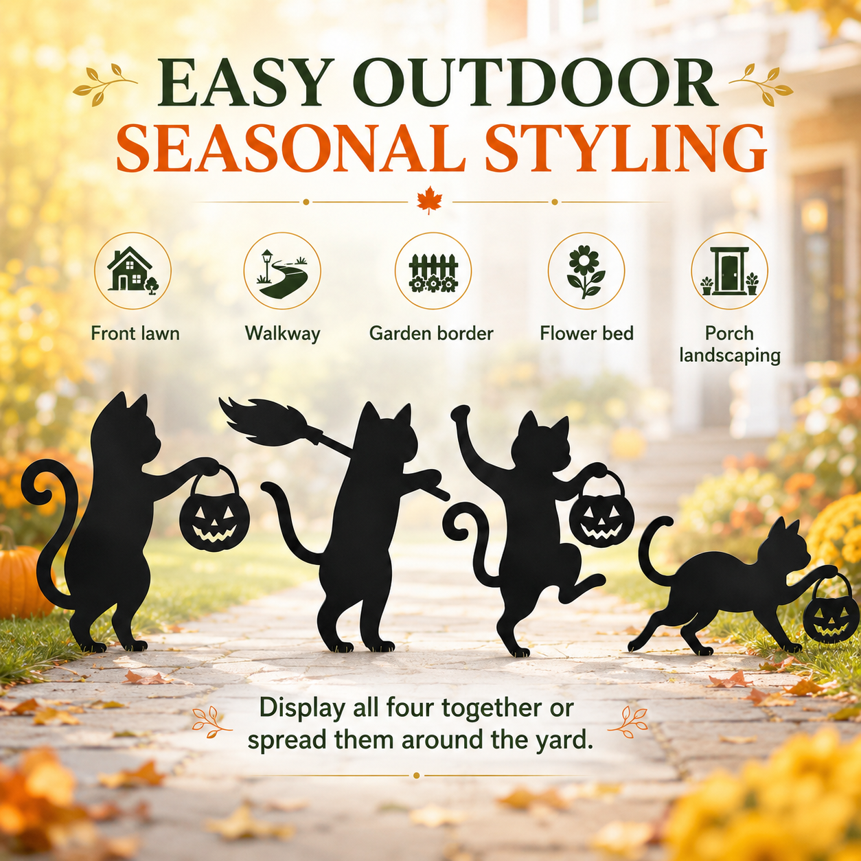 Playful Metal Black Cat Garden Stakes, Set of 4