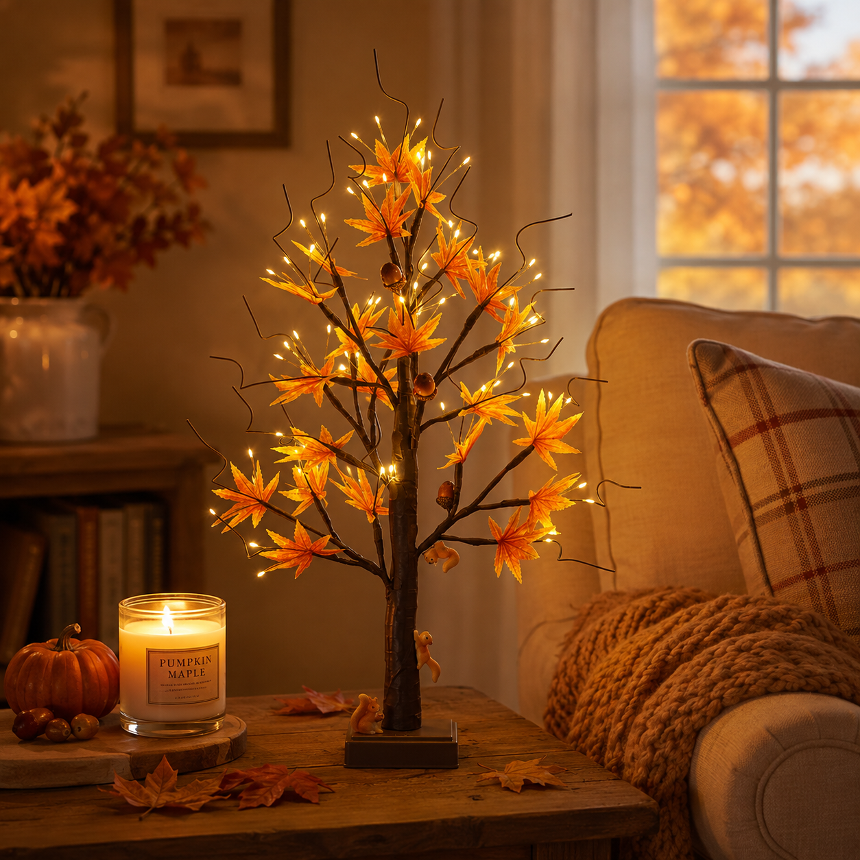 Lighted Autumn Maple Tree with Squirrel Accents