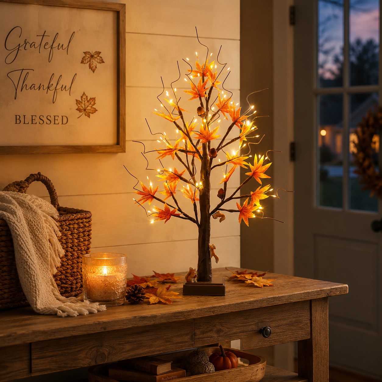 Lighted Autumn Maple Tree with Squirrel Accents