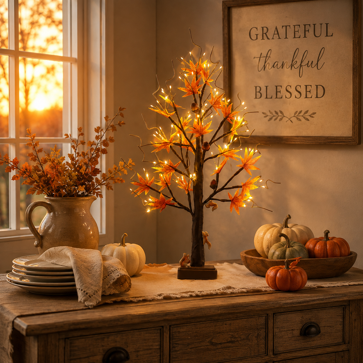 Lighted Autumn Maple Tree with Squirrel Accents