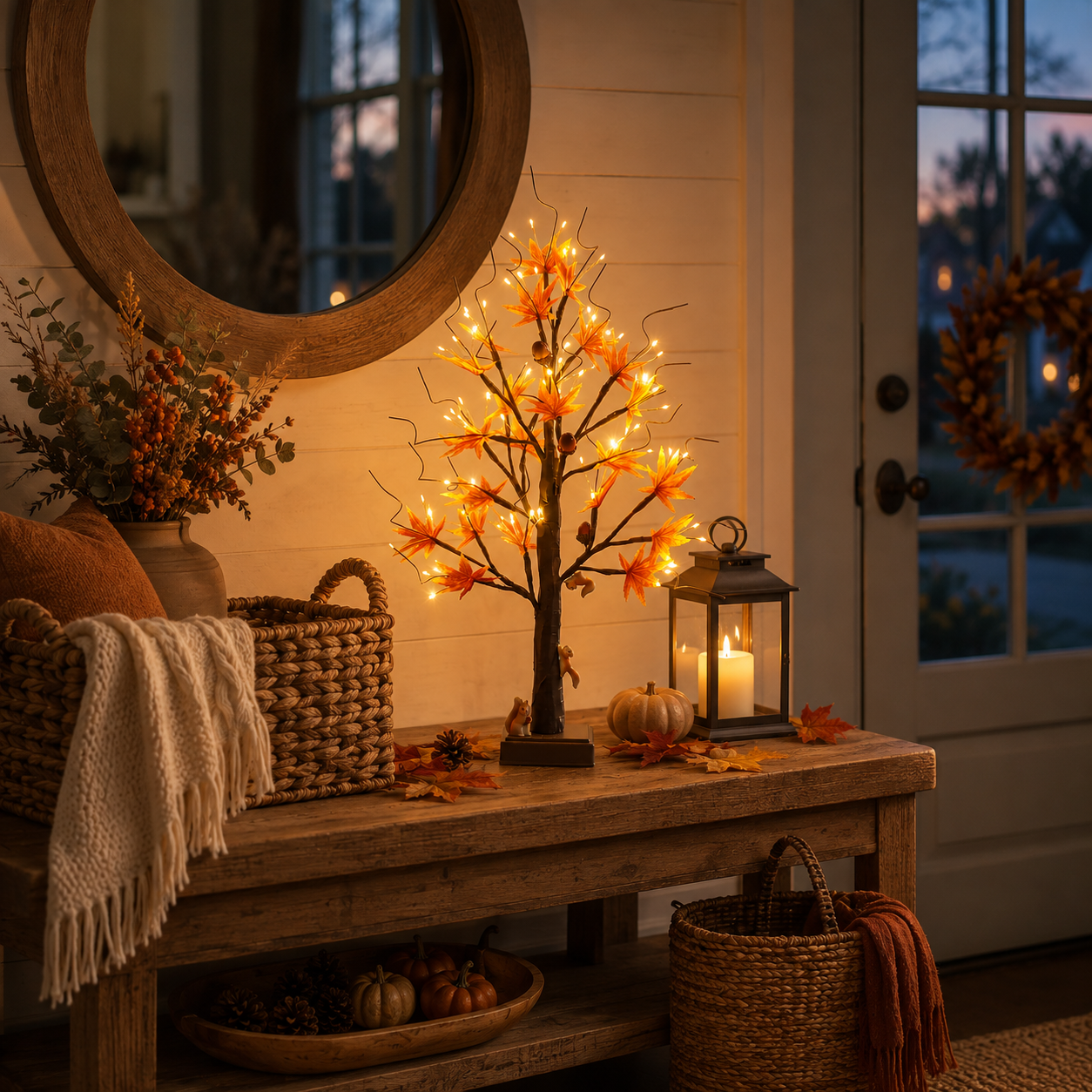 Lighted Autumn Maple Tree with Squirrel Accents