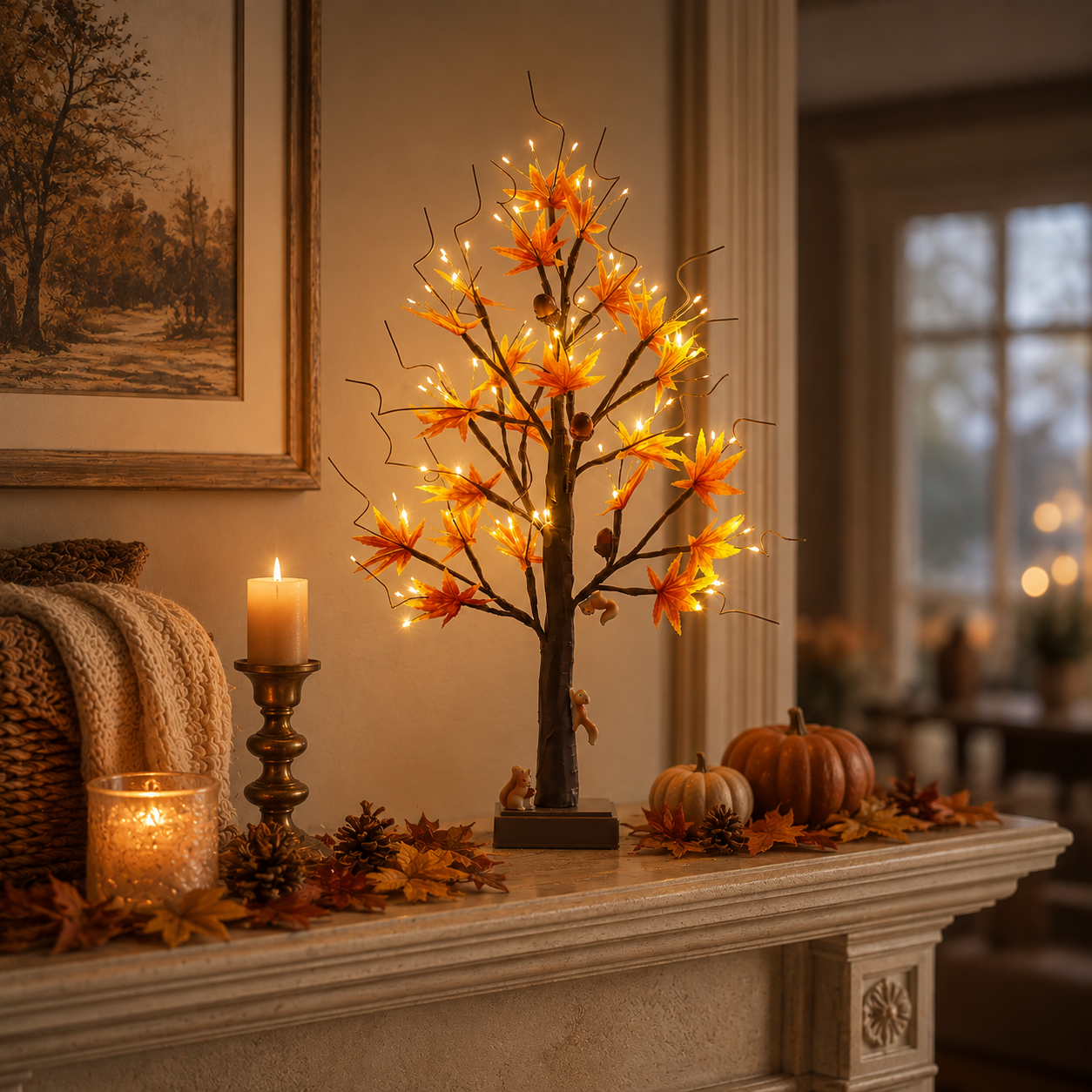 Lighted Autumn Maple Tree with Squirrel Accents