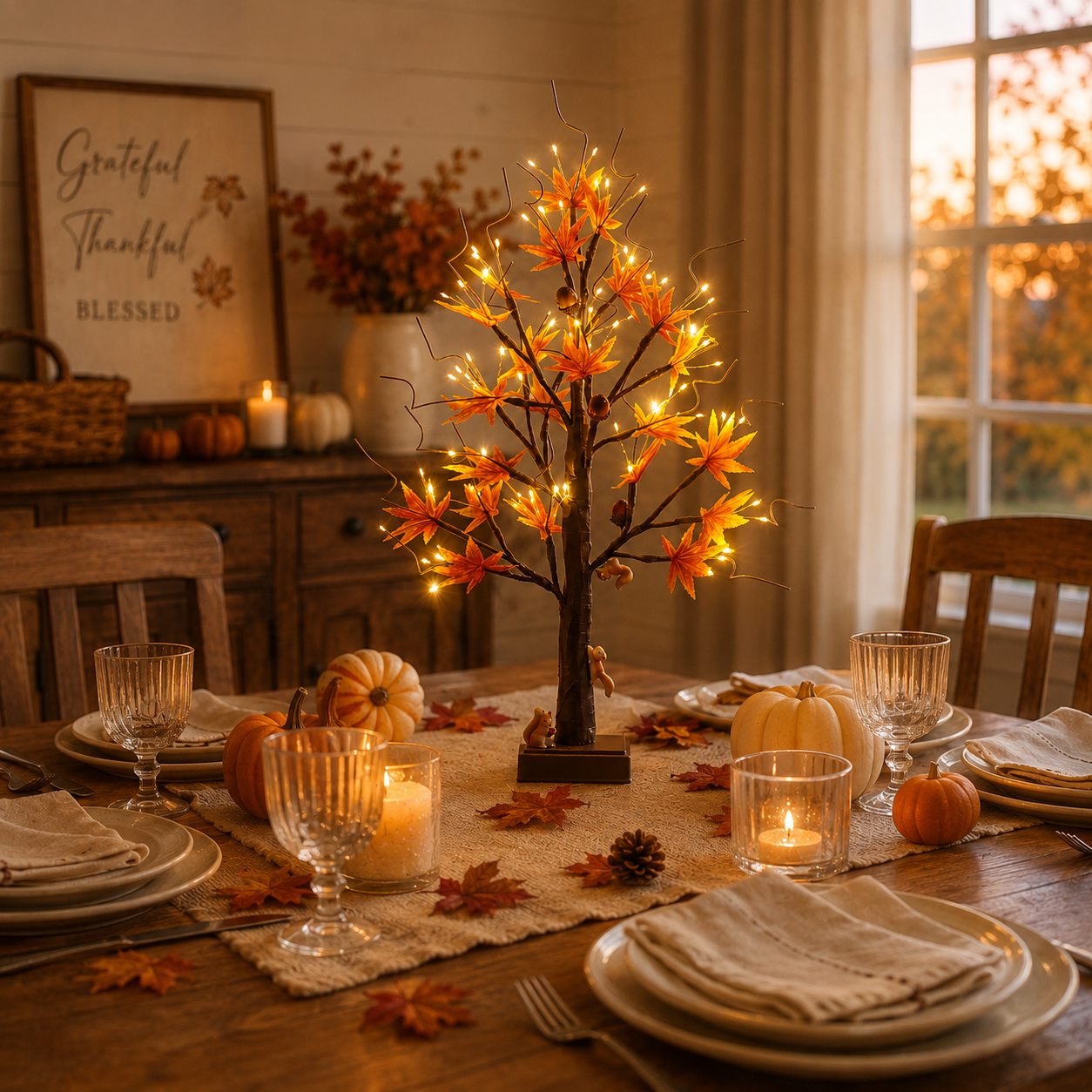 Lighted Autumn Maple Tree with Squirrel Accents