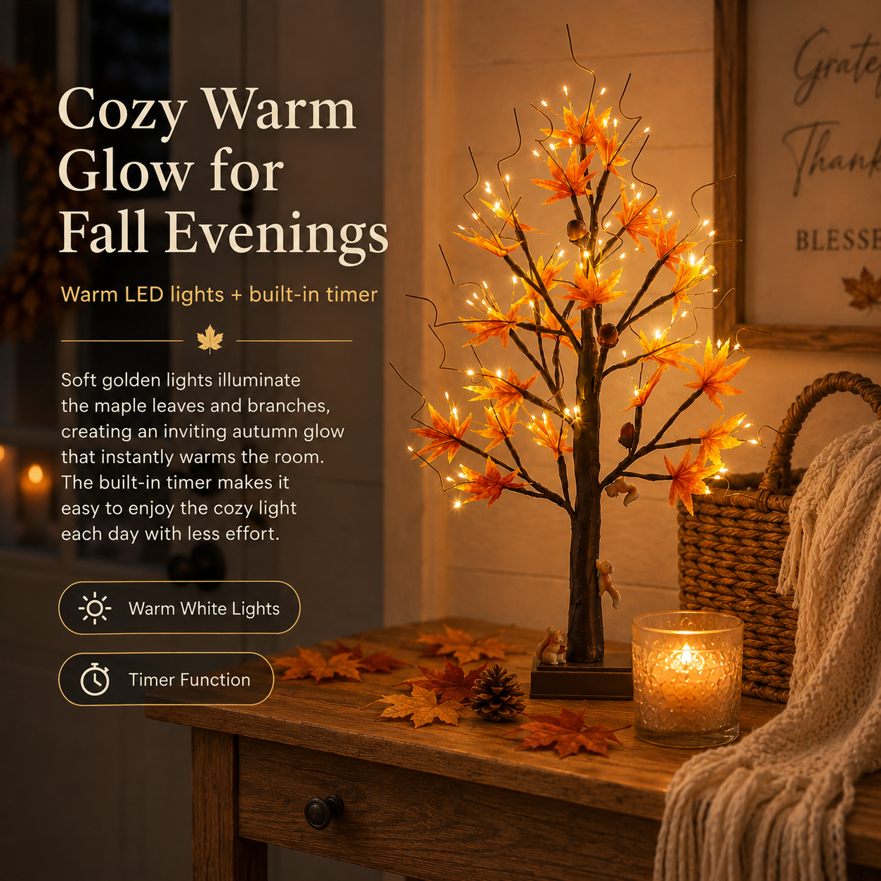 Lighted Autumn Maple Tree with Squirrel Accents