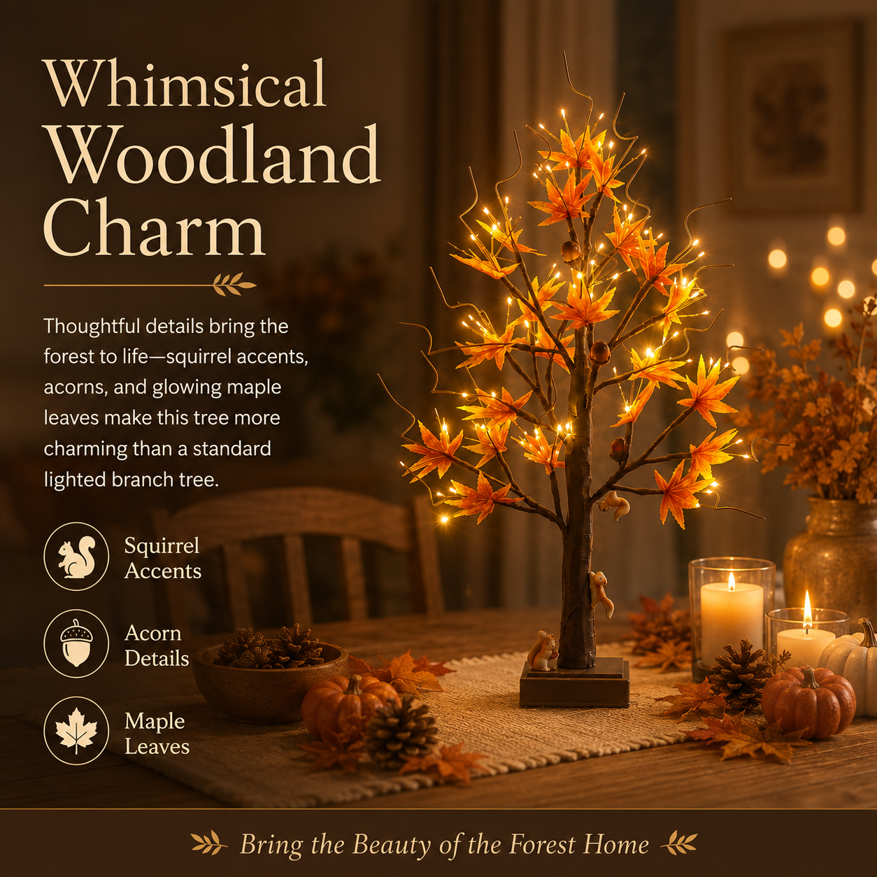 Lighted Autumn Maple Tree with Squirrel Accents