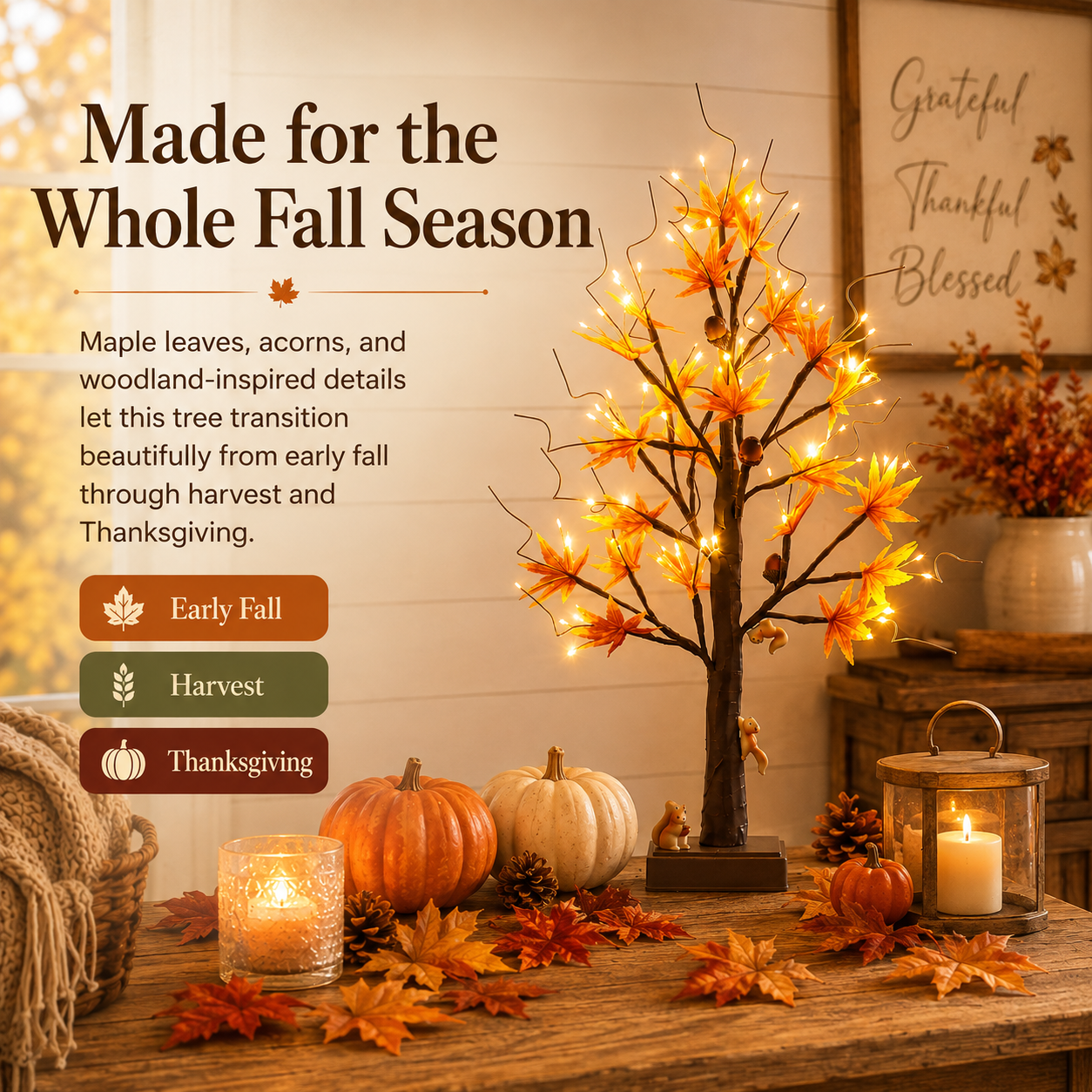 Lighted Autumn Maple Tree with Squirrel Accents