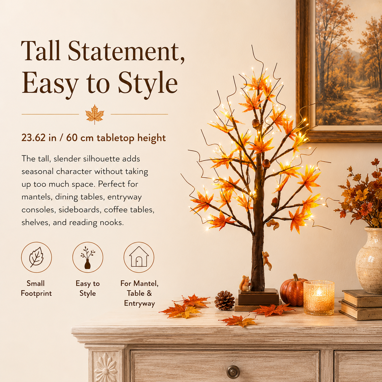 Lighted Autumn Maple Tree with Squirrel Accents