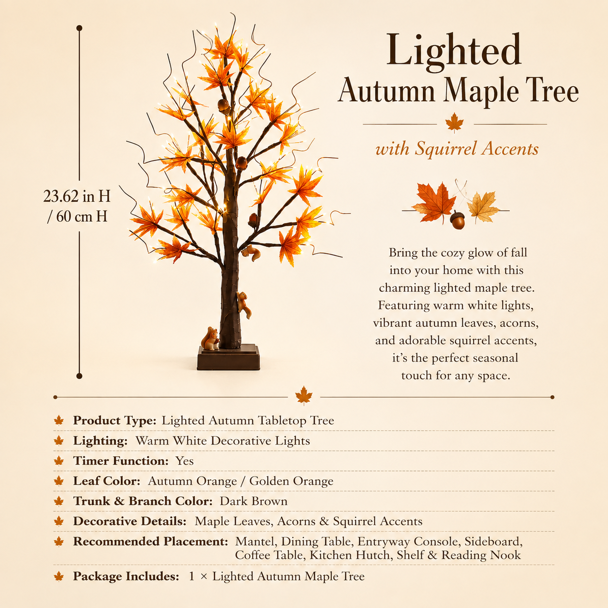 Lighted Autumn Maple Tree with Squirrel Accents