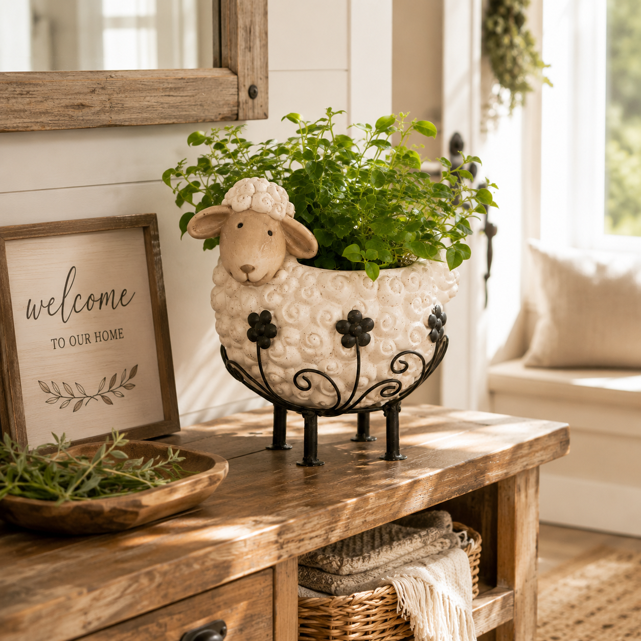 Cute Farmhouse Sheep Planter with Iron Stand