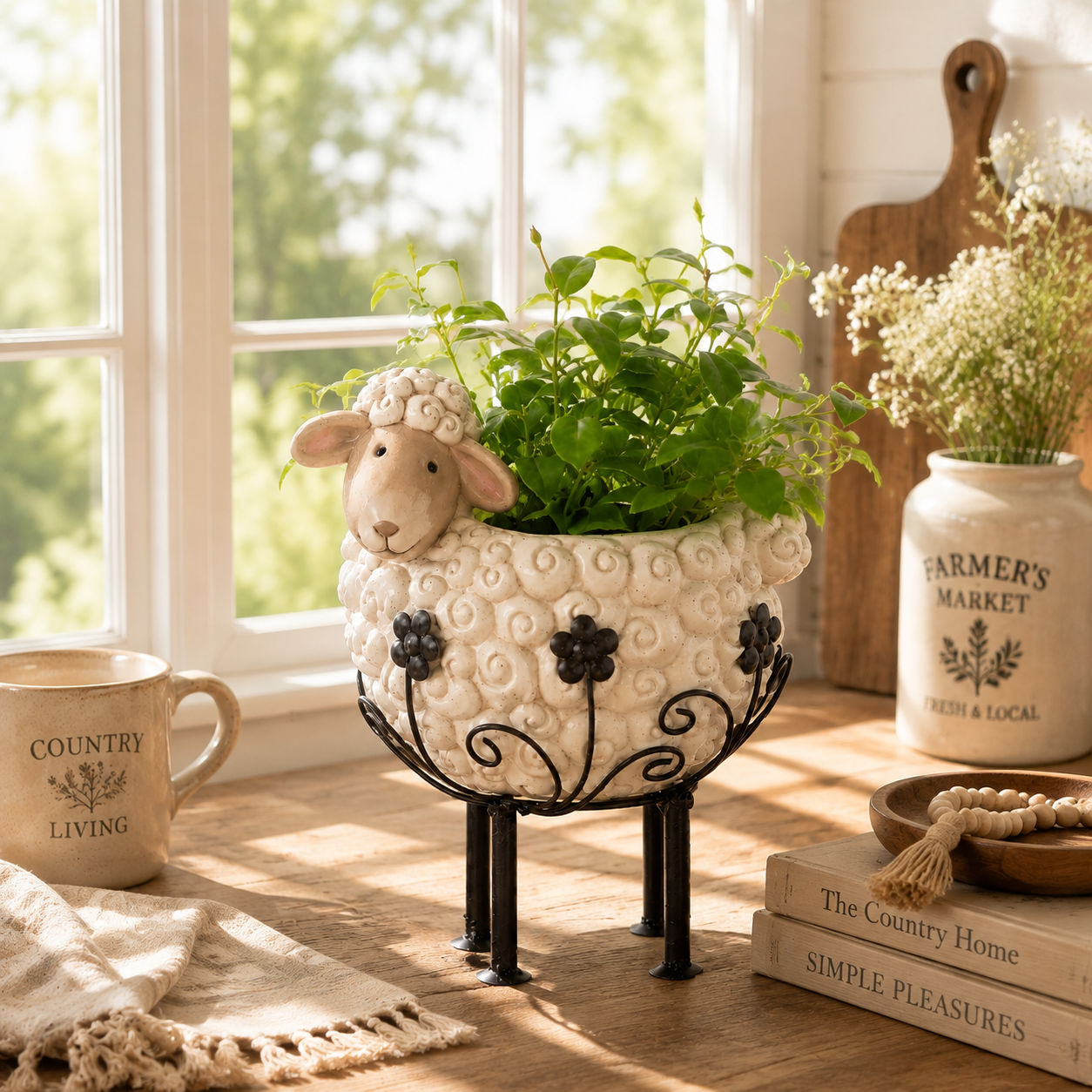 Cute Farmhouse Sheep Planter with Iron Stand