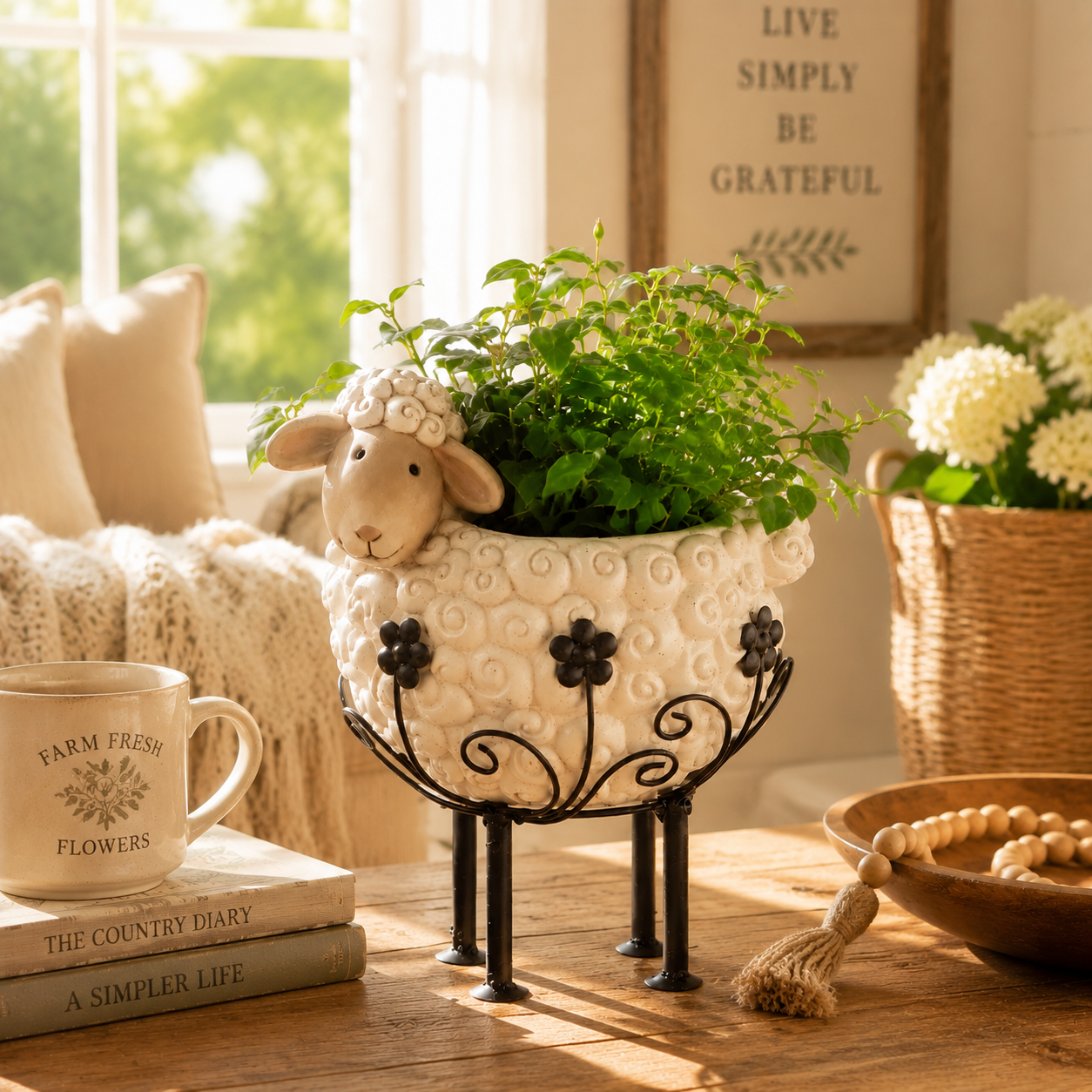 Cute Farmhouse Sheep Planter with Iron Stand