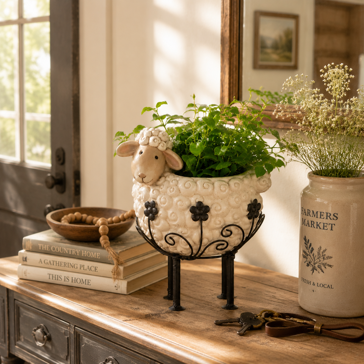 Cute Farmhouse Sheep Planter with Iron Stand