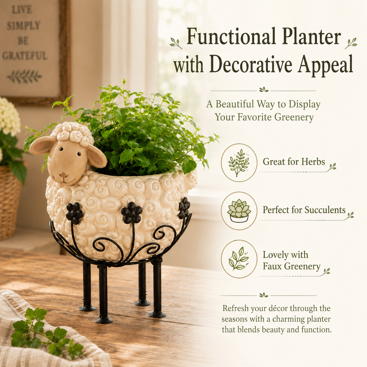 Cute Farmhouse Sheep Planter with Iron Stand