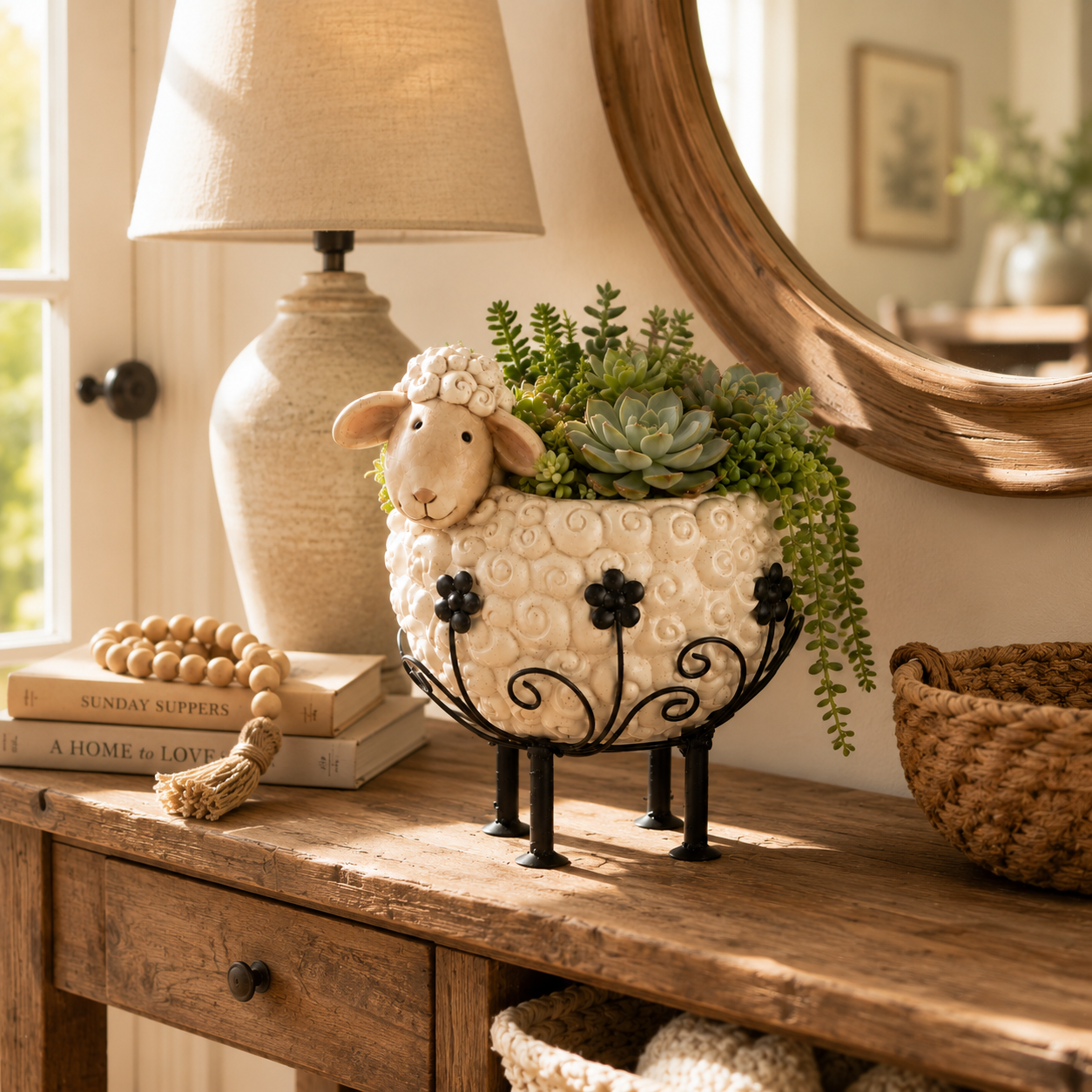 Cute Farmhouse Sheep Planter with Iron Stand