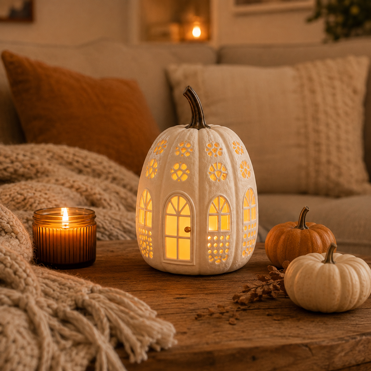Lighted Cream White Pumpkin Cottage Decor