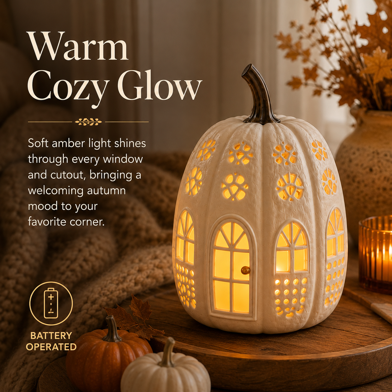 Lighted Cream White Pumpkin Cottage Decor