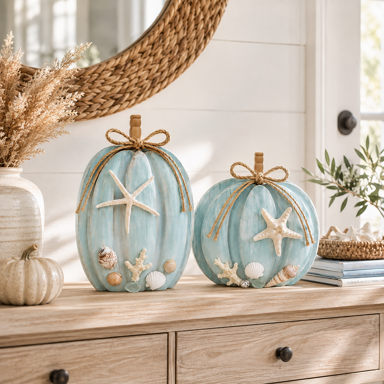 Coastal Wooden Starfish Pumpkin Decor, Set of 2