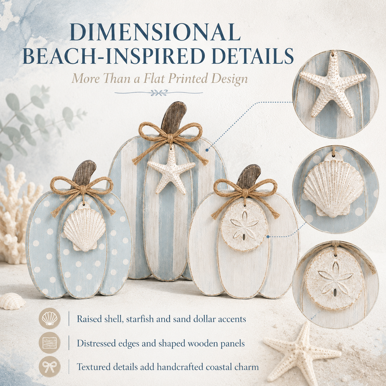 Coastal Wooden Pumpkin Tabletop Décor, Set of 3