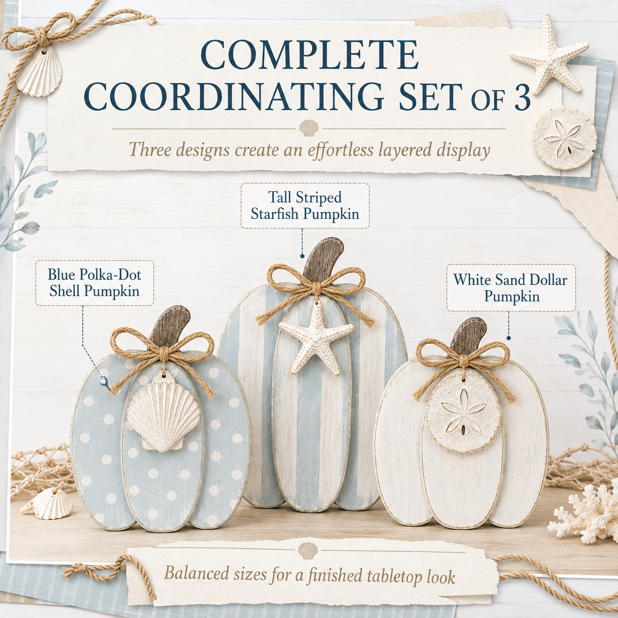 Coastal Wooden Pumpkin Tabletop Décor, Set of 3