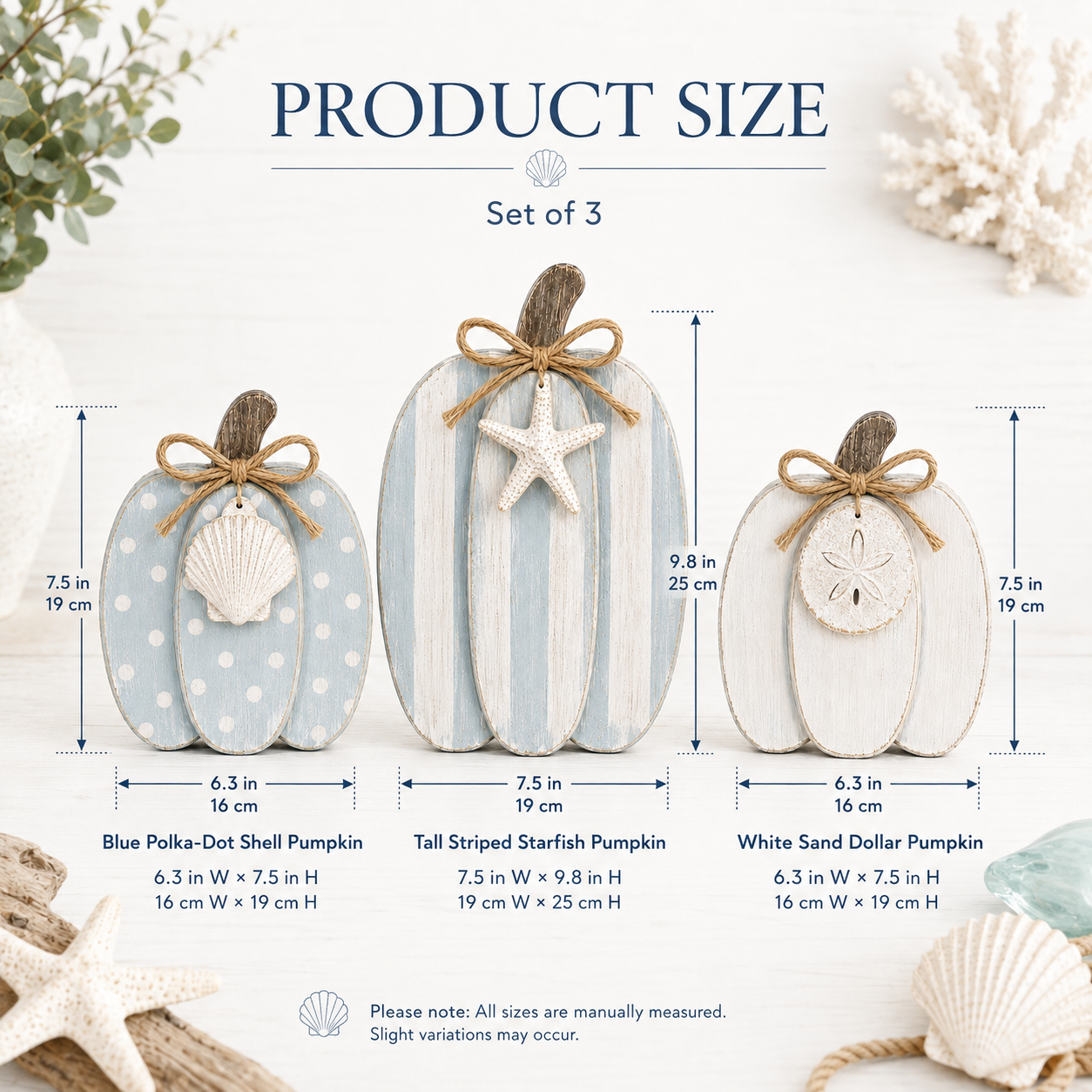 Coastal Wooden Pumpkin Tabletop Décor, Set of 3