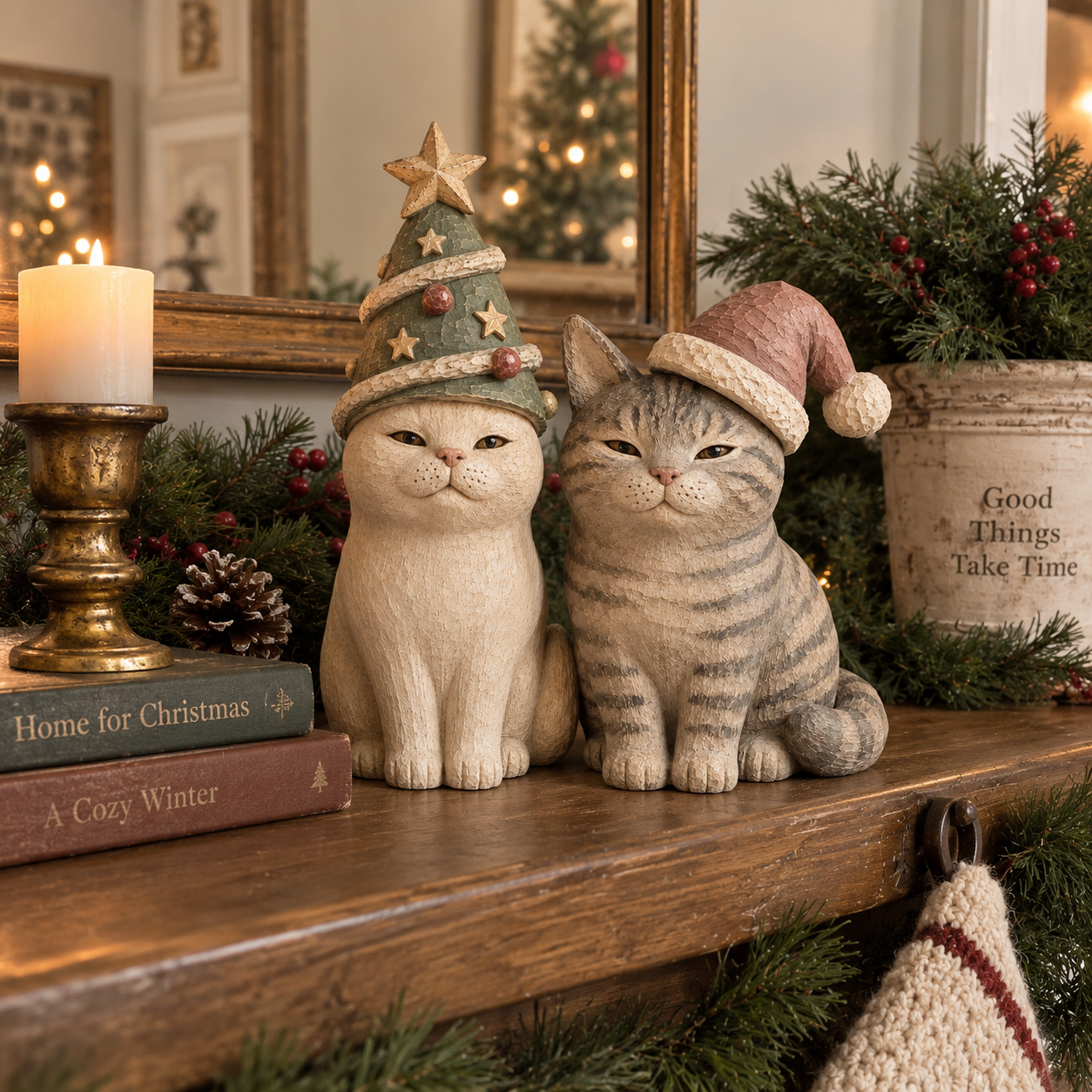 Cozy Vintage Christmas Cat Figurines