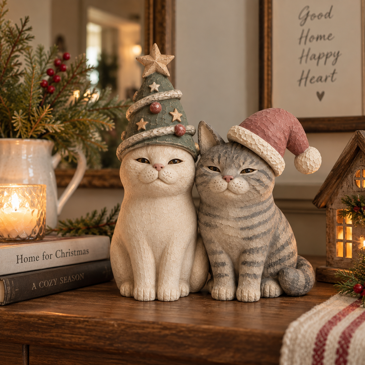 Cozy Vintage Christmas Cat Figurines