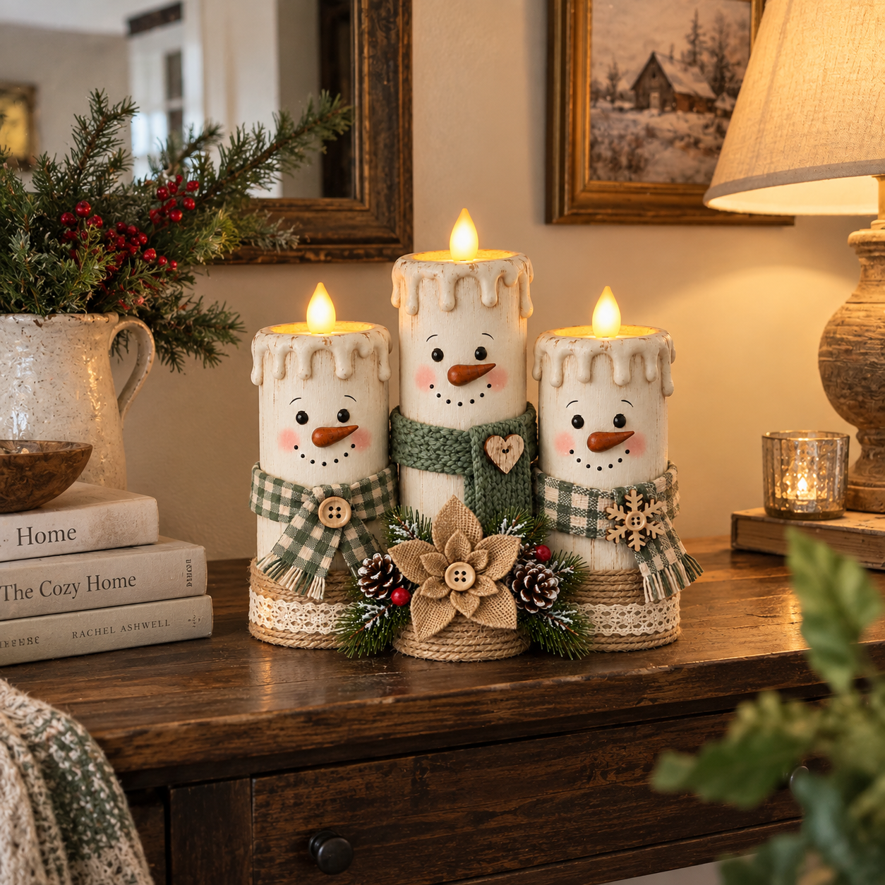 Lighted Snowman Candle Decor Set