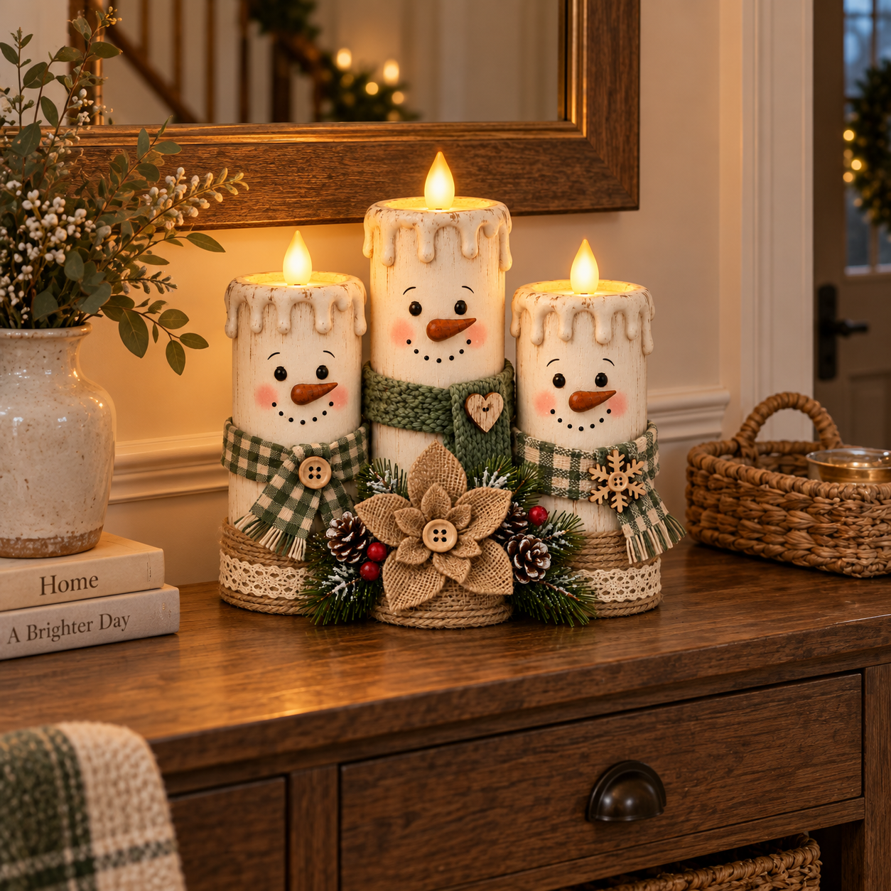 Lighted Snowman Candle Decor Set