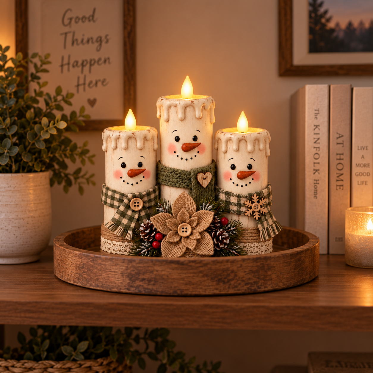 Lighted Snowman Candle Decor Set