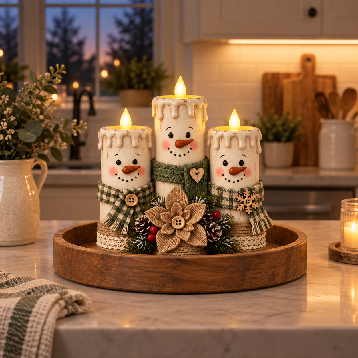 Lighted Snowman Candle Decor Set