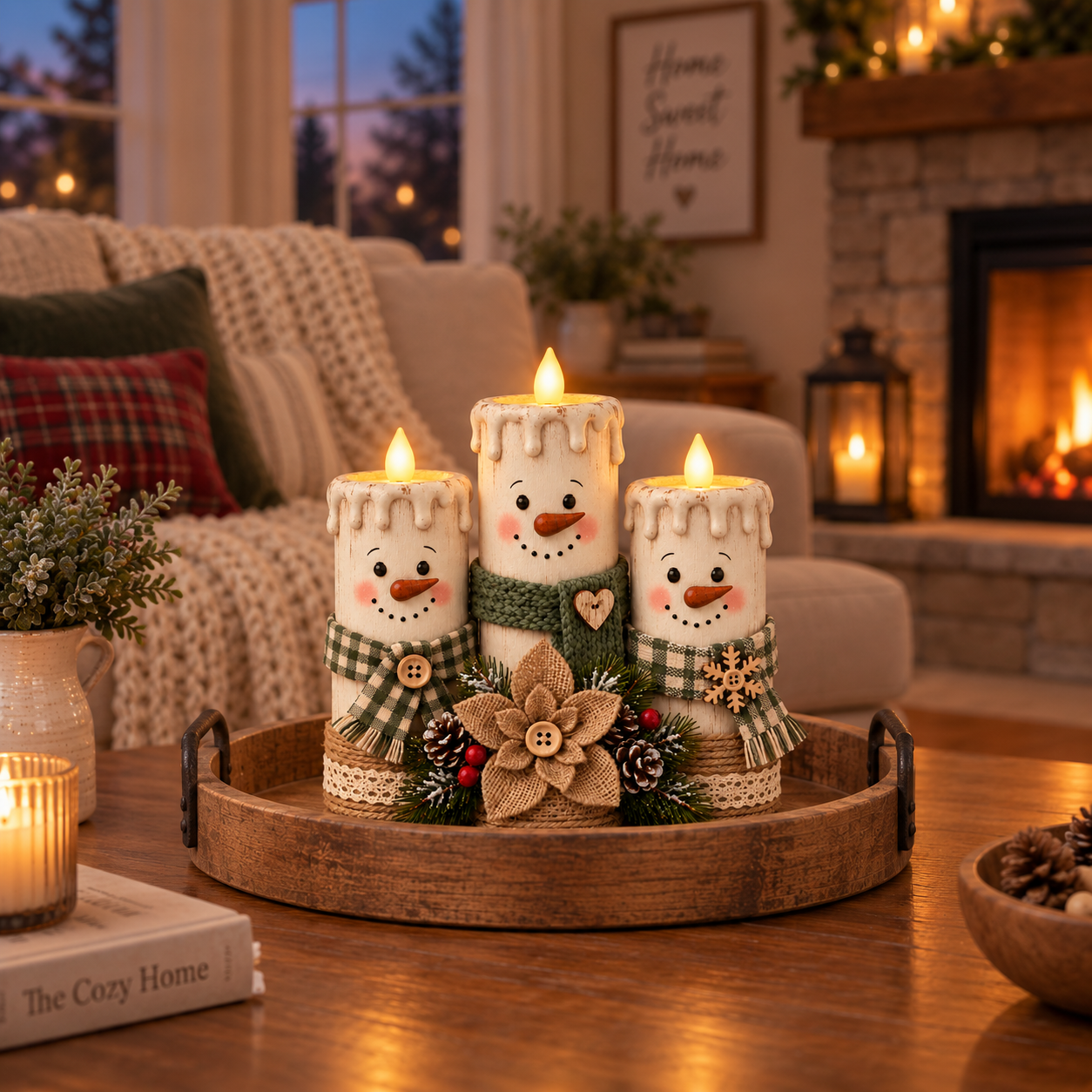 Lighted Snowman Candle Decor Set
