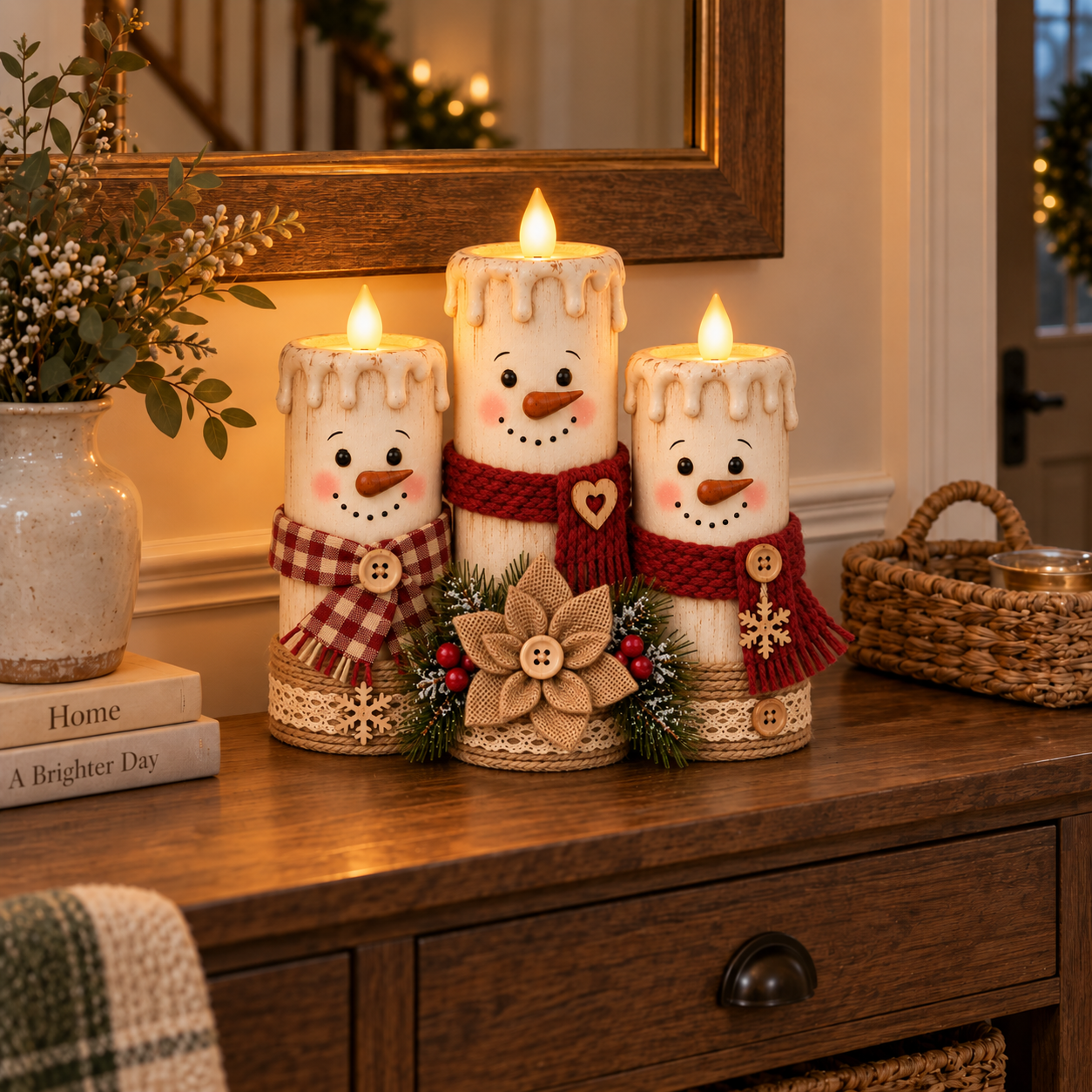Lighted Snowman Candle Decor Set