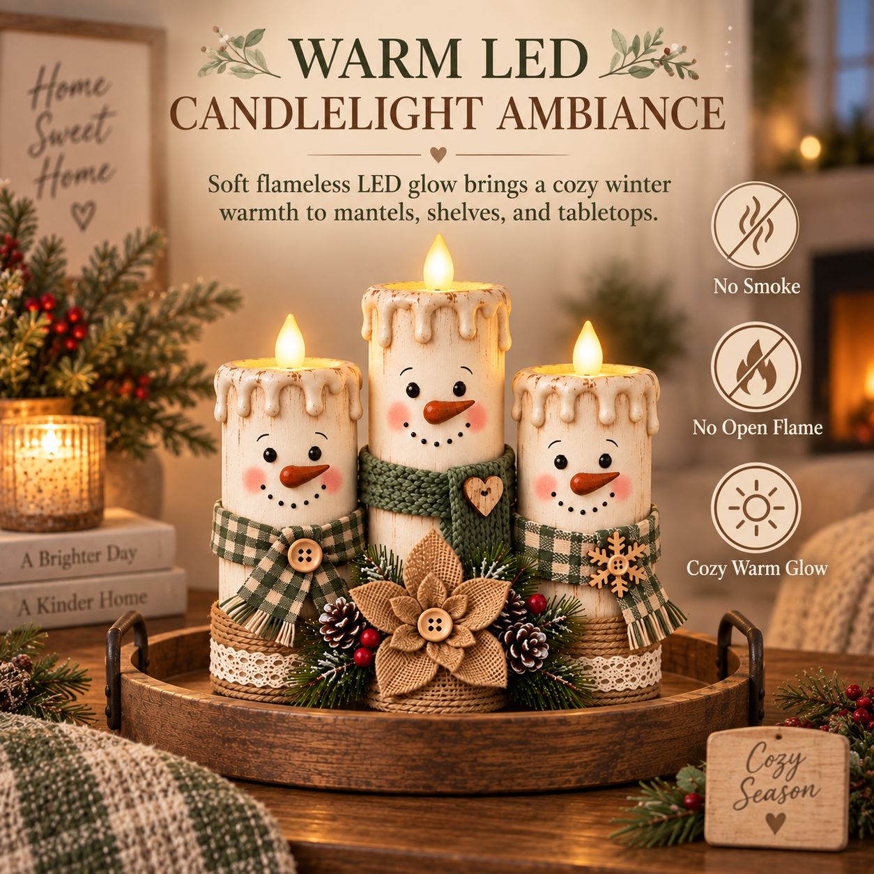 Lighted Snowman Candle Decor Set